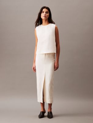 Linen Blend Midi Skirt, Antique White