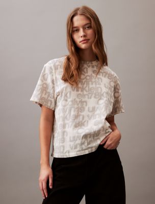 Allover Logo Print Boxy Crewneck T-Shirt, Ivory