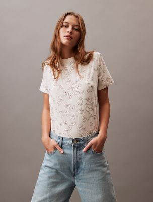 T-shirt ras du cou classique à imprimé floral dessiné à la main, blanc antique