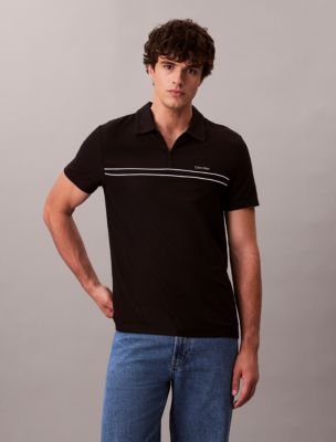 Contrast Piping Quarter Zip Polo Shirt , Black Beauty