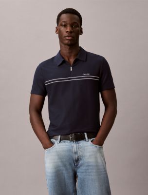 Contrast Piping Quarter Zip Polo Shirt , Dark Sapphire