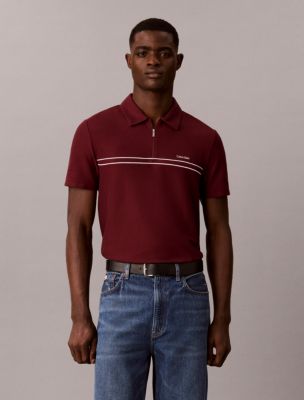 Contrast Piping Quarter Zip Polo Shirt , Zinfandel