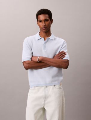Smooth Cotton Waffle Sweater Polo Shirt, Breezy Blue 