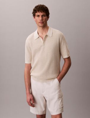 Smooth Cotton Waffle Sweater Polo Shirt, Vanilla Heather