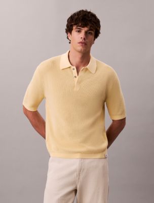Smooth Cotton Waffle Sweater Polo Shirt, Sunlight