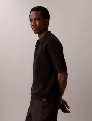 Мужской свитер Calvin Klein Smooth Cotton Waffle Sweater Polo Shirt, цвет: Чёрный — фото 3