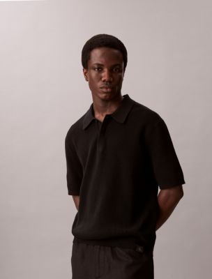 Мужской свитер Calvin Klein Smooth Cotton Waffle Sweater Polo Shirt, цвет: Чёрный — фото 4