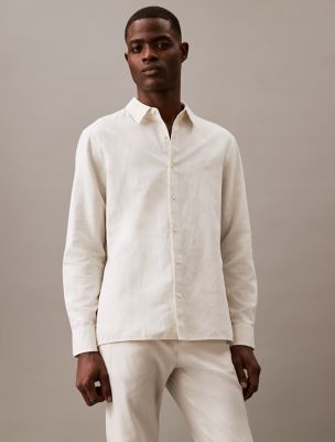 Solid Linen Blend Classic Button-Down Shirt, White Onyx