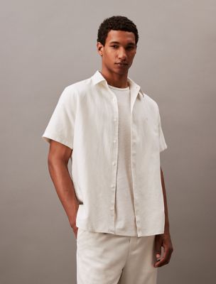 Solid Linen Blend Classic Button-Down Shirt, White Onyx