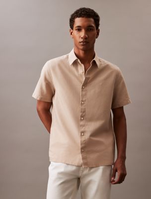 Solid Linen Blend Classic Button-Down Shirt, White Pepper