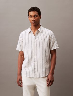 Wide Stripe Linen Blend Classic Button-Down Shirt, Chalk