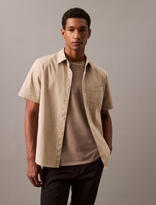 Cotton Blend Short Sleeve Classic Button-Down Shirt, Crockery