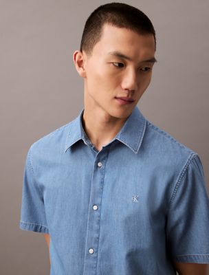 Chambray Button Down Short Sleeve Shirt, Dusty Blue