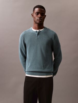 Smooth Cotton Waffle Henley Sweater, North Atlantic