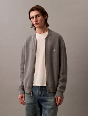 Smooth Cotton Sweater Bomber Jacket, Medium Grey Heather