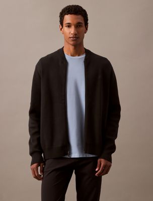 Smooth Cotton Sweater Bomber Jacket, Black