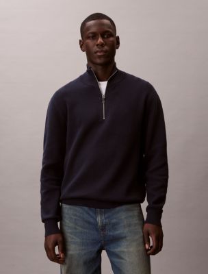 Smooth Cotton Quarter Zip Sweater, Dark Sapphire