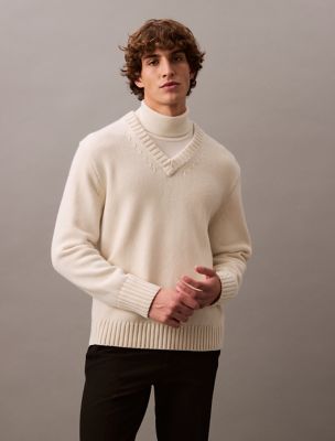 Wool Blend V-Neck Sweater, Antique White