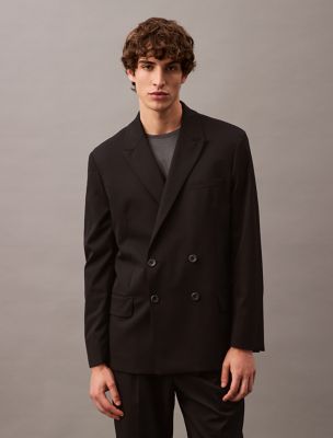 Double-Breasted Wool Gabardine Blend Blazer, Black Beauty