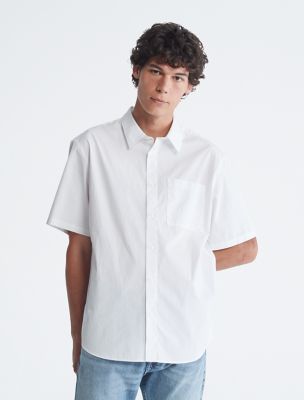 Chemise décontractée unie à manches courtes et poche, blanc brillant