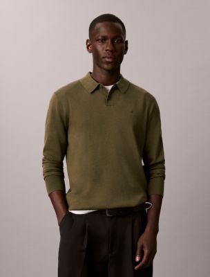 Extra Fine Merino Blend Polo Sweater, Olive Night