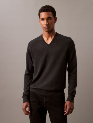 Extra Fine Merino Blend V-Neck Sweater, Gunmetal Htr