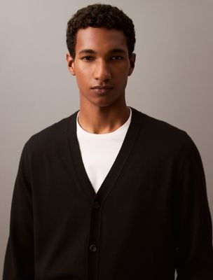 Extra Fine Merino Wool Blend Cardigan Sweater, Black