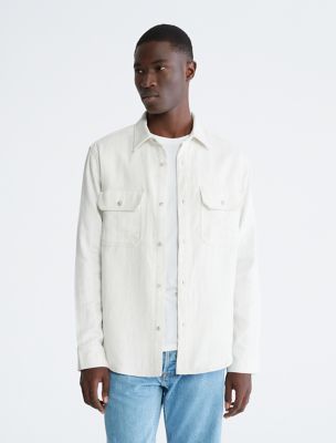 Double Pocket Melange Button-Down Shirt, Heather Grey