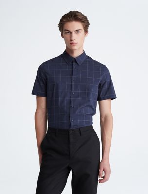 Windowpane Slim Stretch Short Sleeve Button-Down Shirt, Dark Sapphire