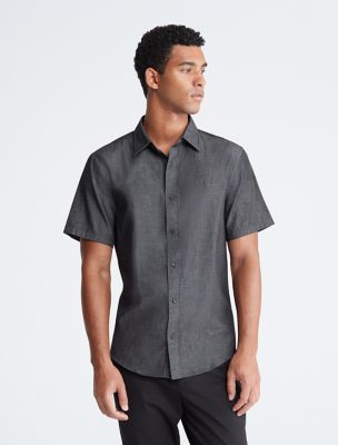 Chambray Classic Short Sleeve Button-Down Shirt, Black Beauty