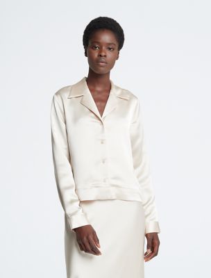 Satin Notch Collar Classic Button-Down Shirt, Sandshell