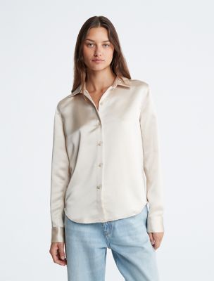 Satin Classic Button-Down Shirt, Sandshell