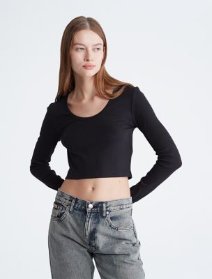 Cotton Contour Rib Cropped Long Sleeve T-Shirt, Black Beauty