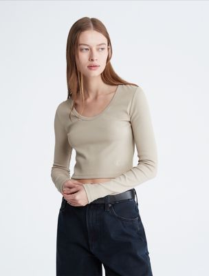Cotton Contour Rib Cropped Long Sleeve T-Shirt, Plaza Taupe