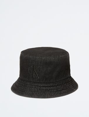 Washed Denim Embroidered Logo Bucket Hat, Black