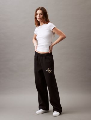 Monogram Logo Fleece Wide Leg Sweatpants, Black Beauty