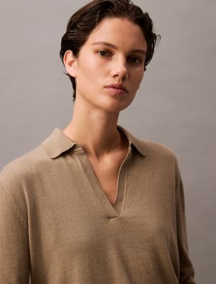 Extra Fine Merino Blend Polo Sweater, Brindle Heather