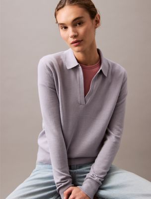 Extra Fine Merino Blend Polo Sweater, Lilac Gray
