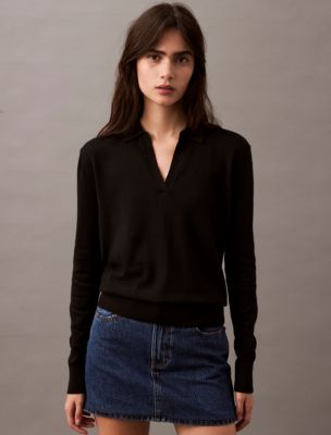 Extra Fine Merino Blend Polo Sweater, Black