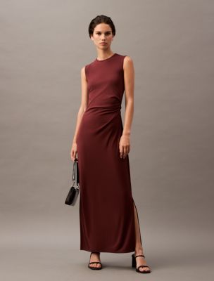 Refined Jersey Gathered Dress, Red Mahogany