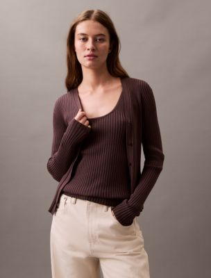Smooth Cotton Rib Sweater Cardigan, Raisin