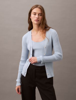 Smooth Cotton Rib Sweater Cardigan, Blue Fog