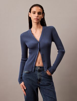 Smooth Cotton Rib Sweater Cardigan, Dark Blue