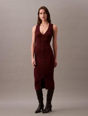 Smooth Cotton Rib Sweater Midi V-Neck Dress | Calvin Klein