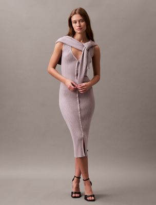 Smooth Cotton Rib Sweater Midi V-Neck Dress, Gull Grey