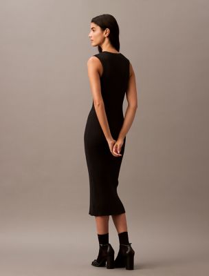 Calvin Klein Women's Smooth Cotton Rib V-Neck Sweater Midi Dress - Black - XL
