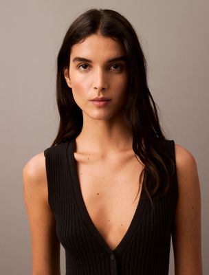 Smooth Cotton Rib Sweater Midi V-Neck Dress | Calvin Klein USA