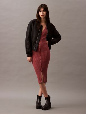 Smooth Cotton Rib Sweater Midi V-Neck Dress, Apple Butter
