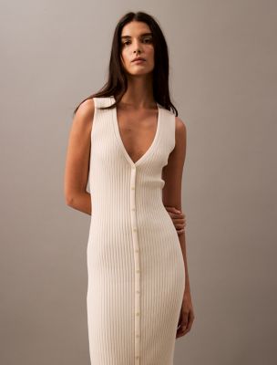 Smooth Cotton Rib Sweater Midi V-Neck Dress | Calvin Klein
