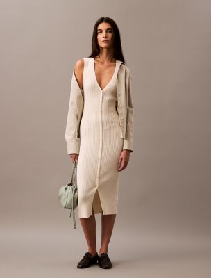 Smooth Cotton Rib Sweater Midi V-Neck Dress, Antique White